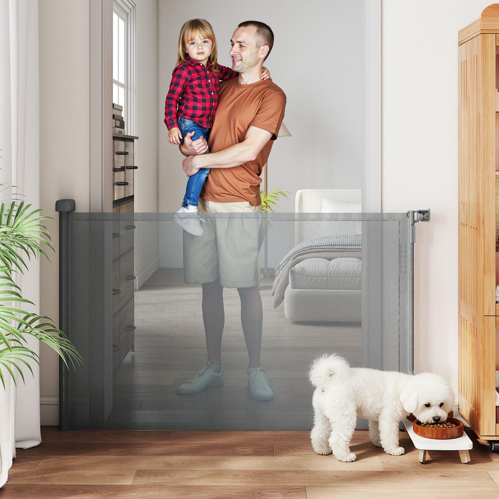 Retractable Dog Safety Gate, up to 140 cm Wide, Stairs, Doorways, Grey