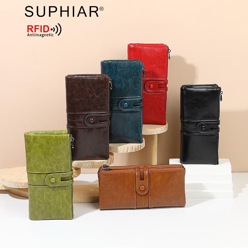 2025 RFID-Blocking Anti-Magnetic Women's Retro Oil Wax Leather Clutch/Long Wallet.