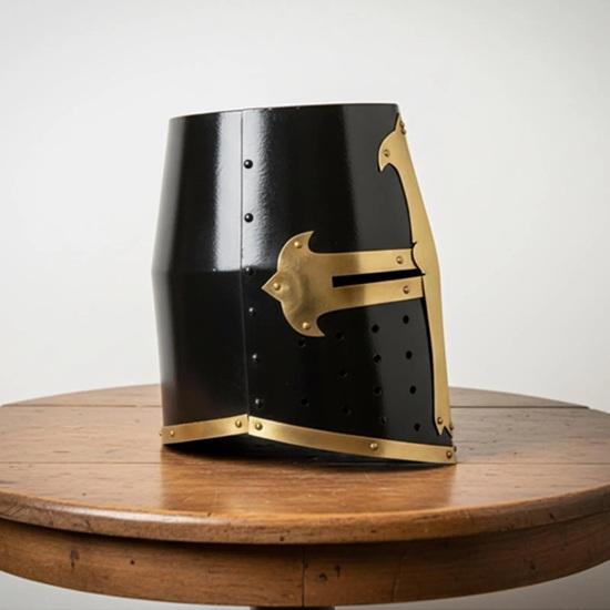 Black Medieval Knight Templar Crusader Helmet Steel Armour with Brass Cross Father Halloween Christmas Wedding Gift Decorative