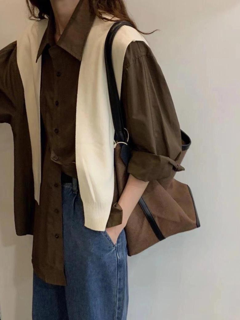 

2026 Korean Style Casual Retro Plus Size Spring/Autumn Loose Cardigan Jacket XL (High Quality) коричневый