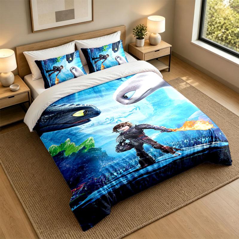 3Pcs Bedding SetHow to Train Your Dragon Soft Bed Sheet and Two Pillowcases Home Bedroom Decor