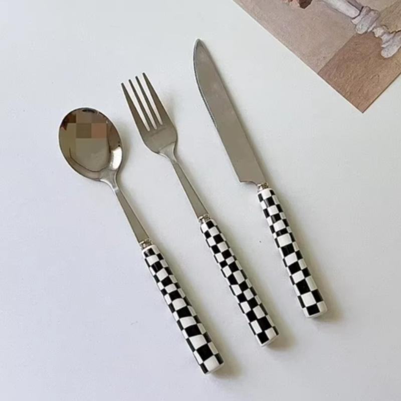 Japanese Korean Checkerboard Knife Fork Spoon Western Dessert Tableware Set Steak Knife Stainless Steel Ceramic Handle Cutlery