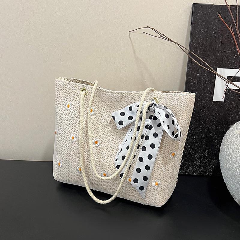 2026 New Straw Bag with Silk Scarf Single Shoulder Handbag Large Capacity Simple Tote Bag for Women Trendy Vacation Beach Bag