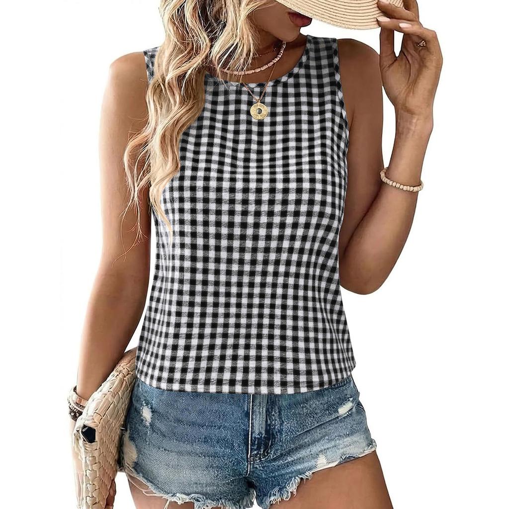 Women’s Sleeveless Round Neck Plaid Button Down Casual Vest Top with Gingham Pattern and Relaxed Fit for Everyday Wear