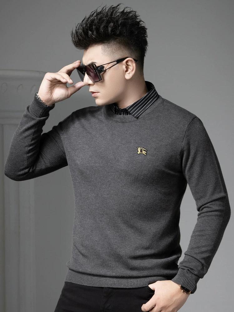 

European Style 2025 New Men s Faux Two-Piece Round Neck Sweater Autumn and Winter Warm Casual Inner Layer Knit Top 3XL темно-серого