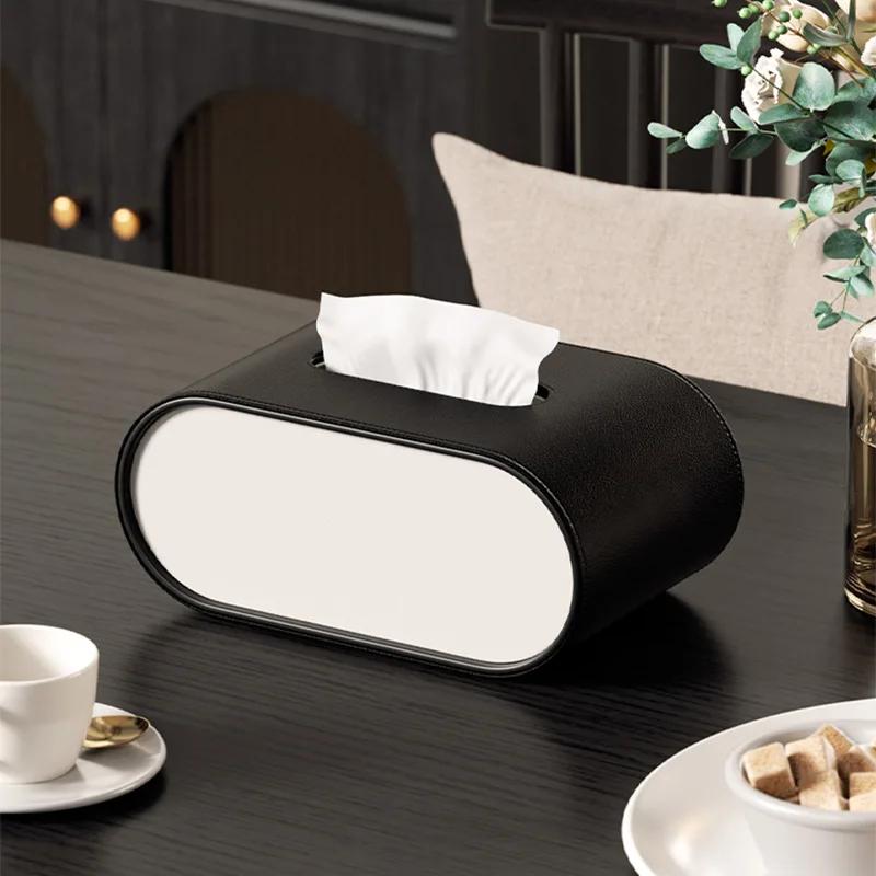 High-End Leather Paper Box Light Luxury Tissue Box Bathroom Living Room Bedroom Desktop Creative Oval Napkin Storage Box