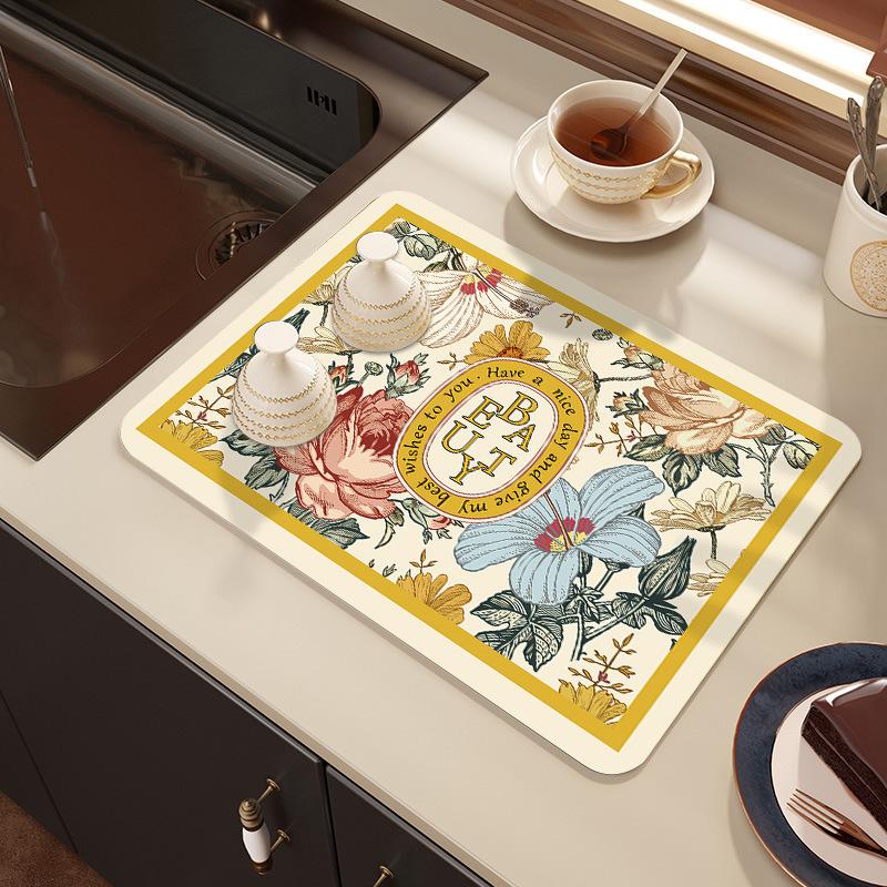 Small Fresh Flower Diatom Mud Drain Mat Household Water Absorption Quick Drying Easy Care Table Mat Restaurant Wear-Resistant And Dirt-Resistant Mat