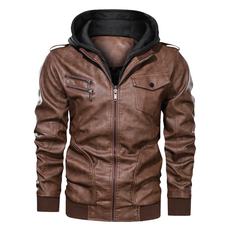 [European size] Winter men's removable hooded pu leather jacket, large size casual locomotive leather jacket for men
