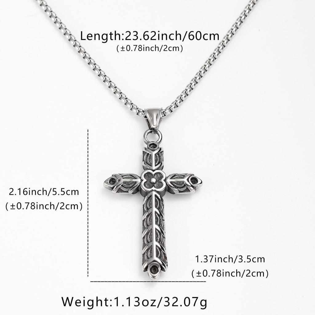 Men's Cross Pendant Necklace - 304 Stainless Steel, Retro Carved Flower Design