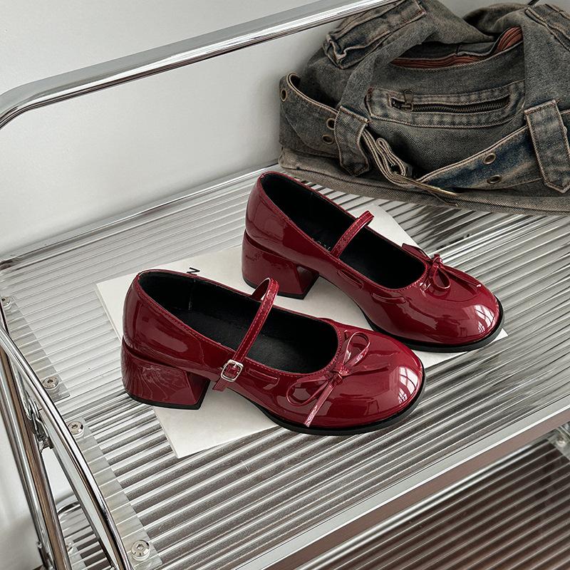 Fashion Women French Ballet Mary Jane Shoes Fashion with Bow Casual Leather Shoes Patent Leather Thick Heel Shoes Sandalias Mujer Verano