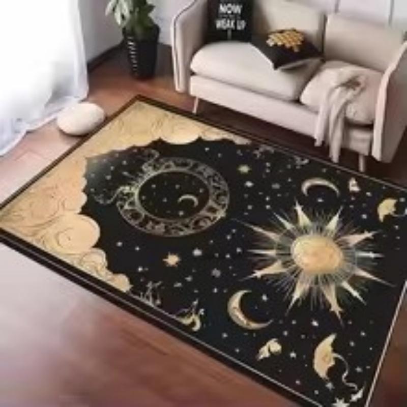 Black Mystical Carpet Featuring Star Moon and Sun Designs Anti-slip Floor Mat for Living Room Bedroom Decor Doormat