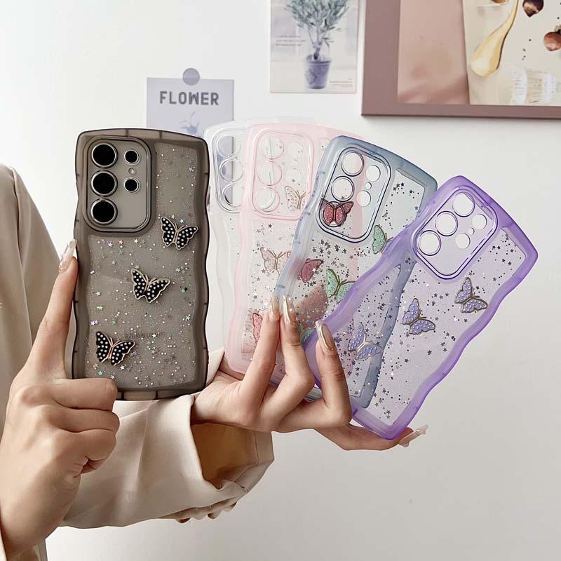 Applicable To Samsung S25 Mobile Phone Case, Epoxy Glitter S23 Wavy Butterfly A05 Anti-drop A73 Transparent Protective Case