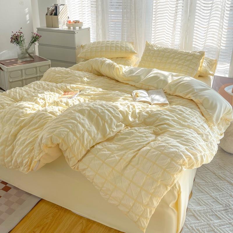 Girls Bubble Gauze Bedding Set Summer Cooling Soft Comforter Cover Kit Solid Color Skin Friendly Sleeping Naked Bedclothes