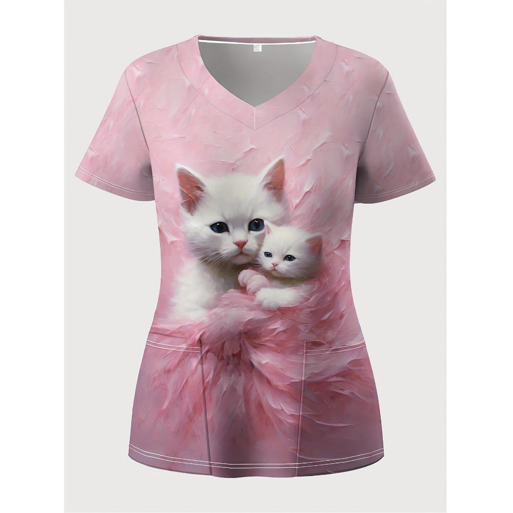 New Women's Scrubs - Valentine's Day 3D Heart Print V-Neck Work Uniform with Functional Patch Pockets Surgical Uniform Woman