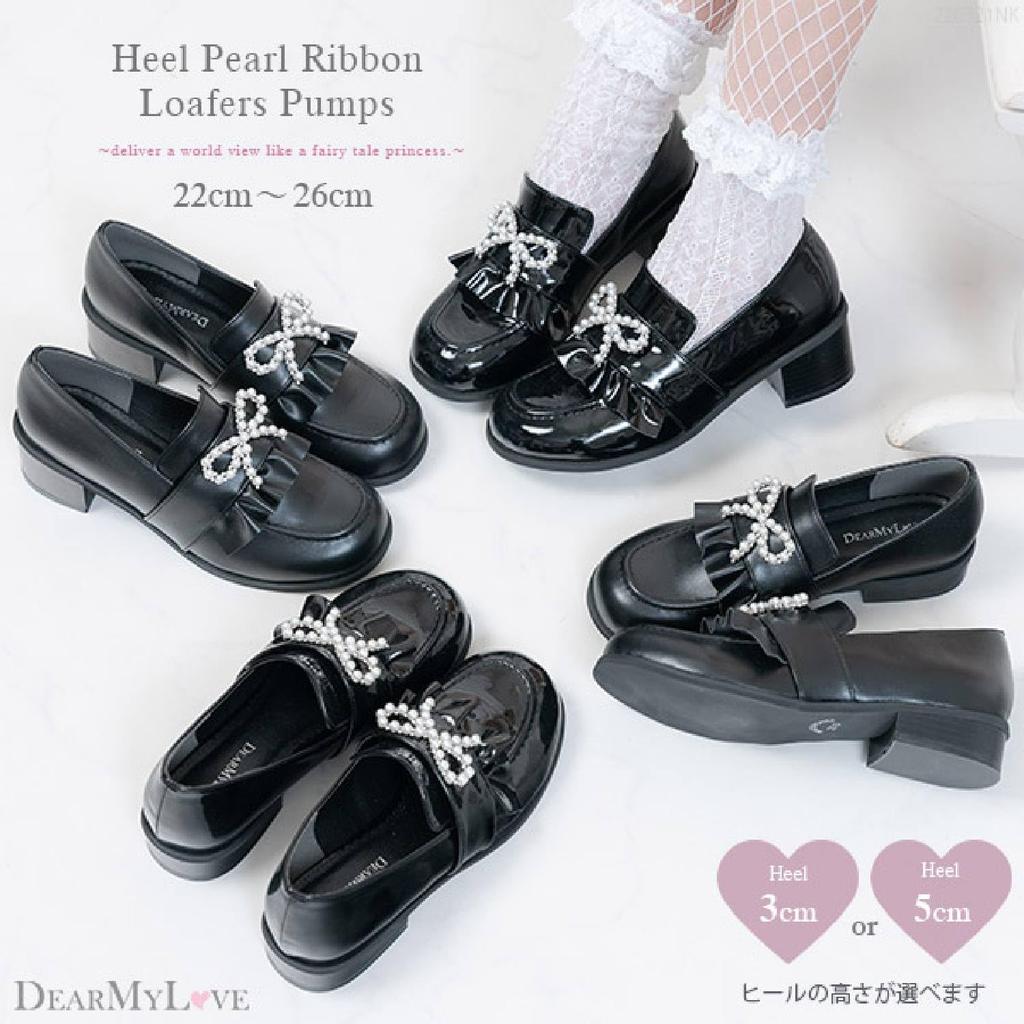 Yumetenbo Women's Pearl Ribbon Loafers, Size 23.0 cm, 5cm Enamel, 532465, Mass-Produced, Landmine Style.