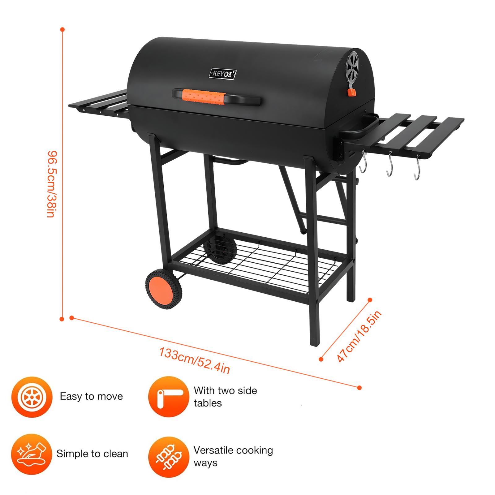 

871 Square Inches Charcoal Grill Portable BBQ Smoker Barrel Grill 2 Foldable Side Tables for Patio Backyard Camping Party Picnic