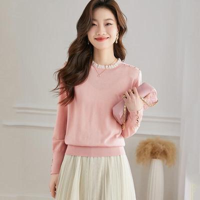 Srcr Women's Wool Blend Short Knit Sweater with Beaded Lace Trim