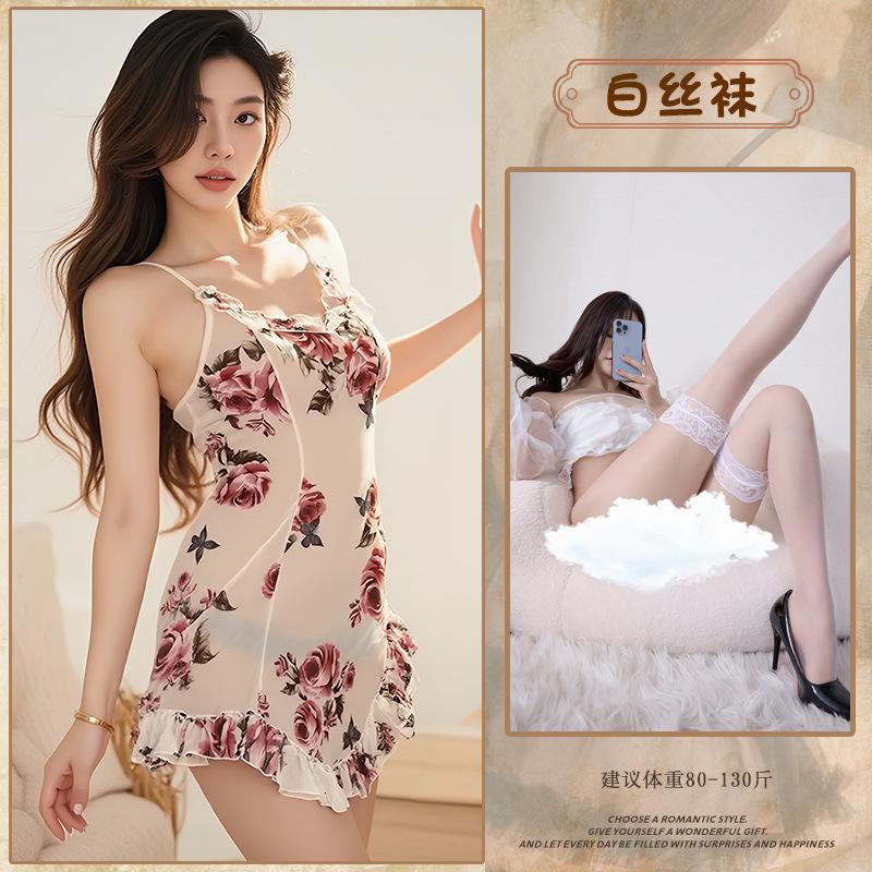 Sexy suspender floral skirt pure desire printed mesh see-through backless nightdress deep V erotic set