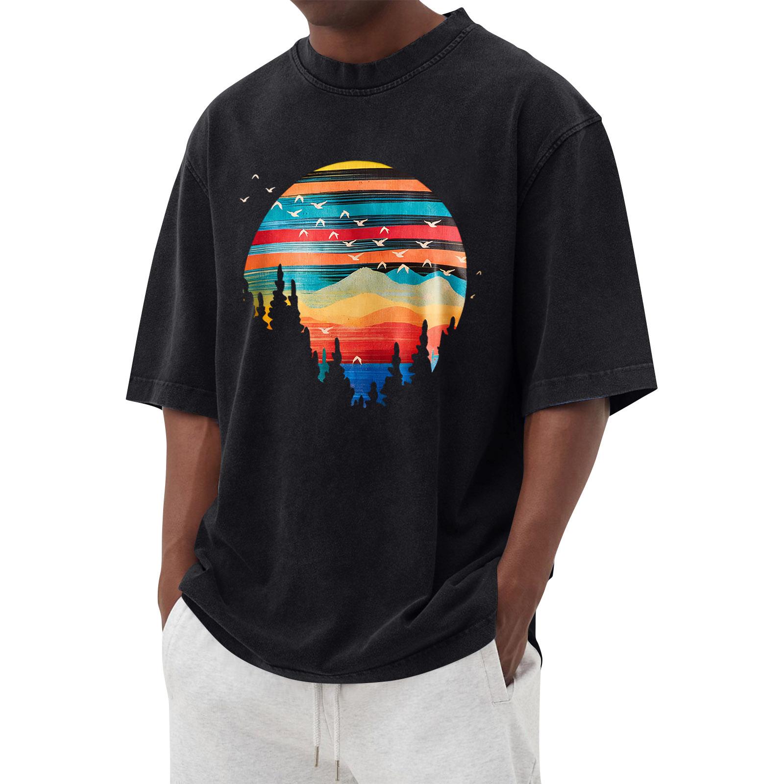 Men s Printed Round Neck T-Shirt Casual Sports Short-Sleeve Top L чёрный