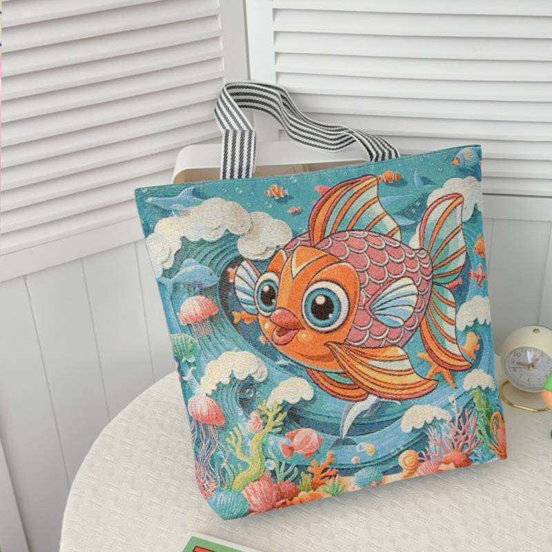Cartoon Canvas Tote Bag Large Capacity Embroidered Floral For Casual Travel