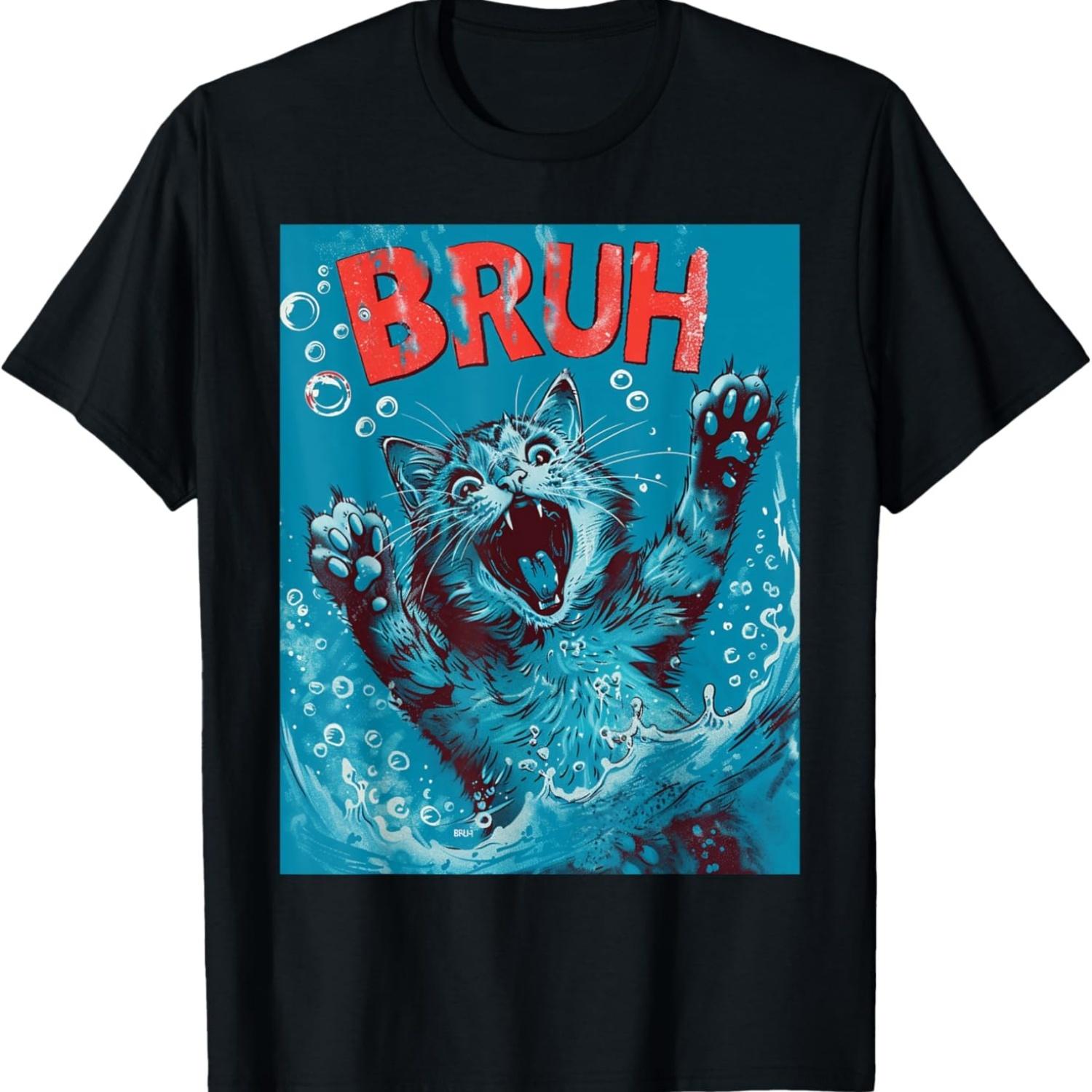 Мем с котом Bruh - Смешная реакция тонущего кота Смешная футболка S чёрный