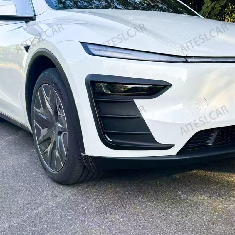 For New Tesla Model Y Juniper 2025 2026 + Glossy Black/Carbon Look Car Front Bumper Fog Light Frame Spoiler Decoration Body Kit