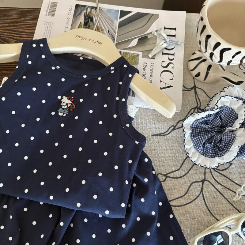 2025 Summer Girls' Korean-Style Cartoon Vest & Polka Dot Skort Set