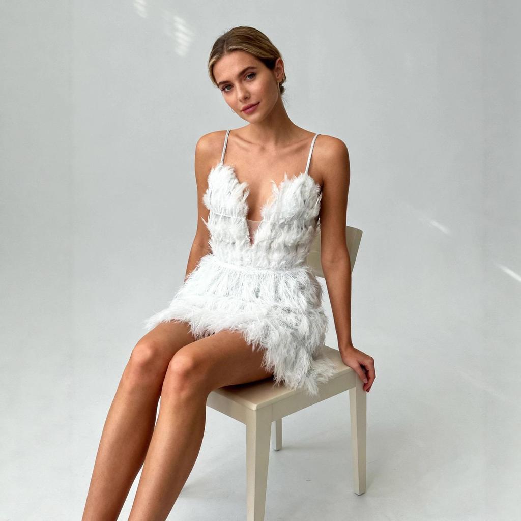 European & American Women's Sexy Backless Party Dress with Waist-cinching Deep V and Feather Straps
