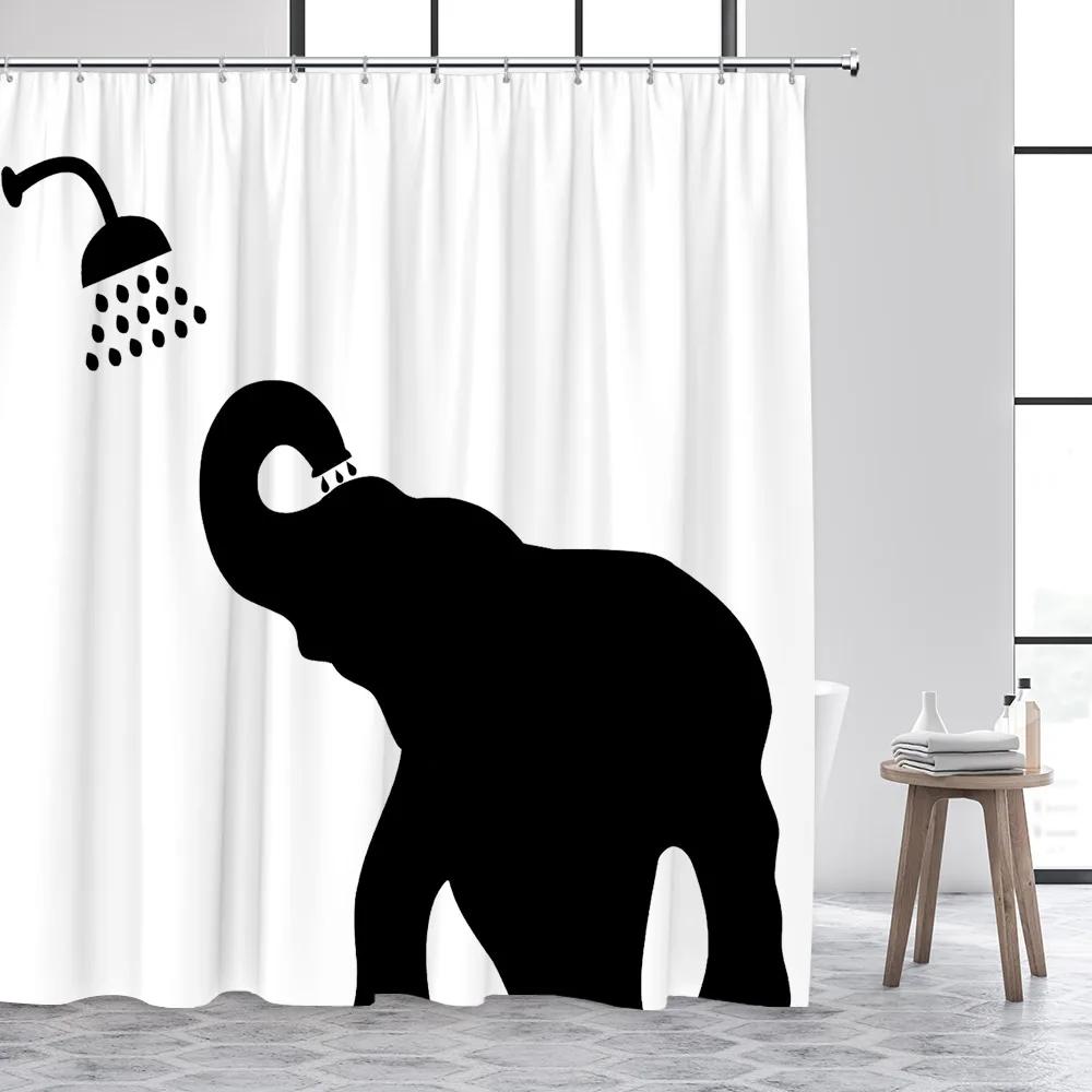 Funny Animal Shower Curtain, Black and White Wildlife Elephant Dinosaur Shower Cartoon Cat Polyester Fabric Bathroom Decor Set