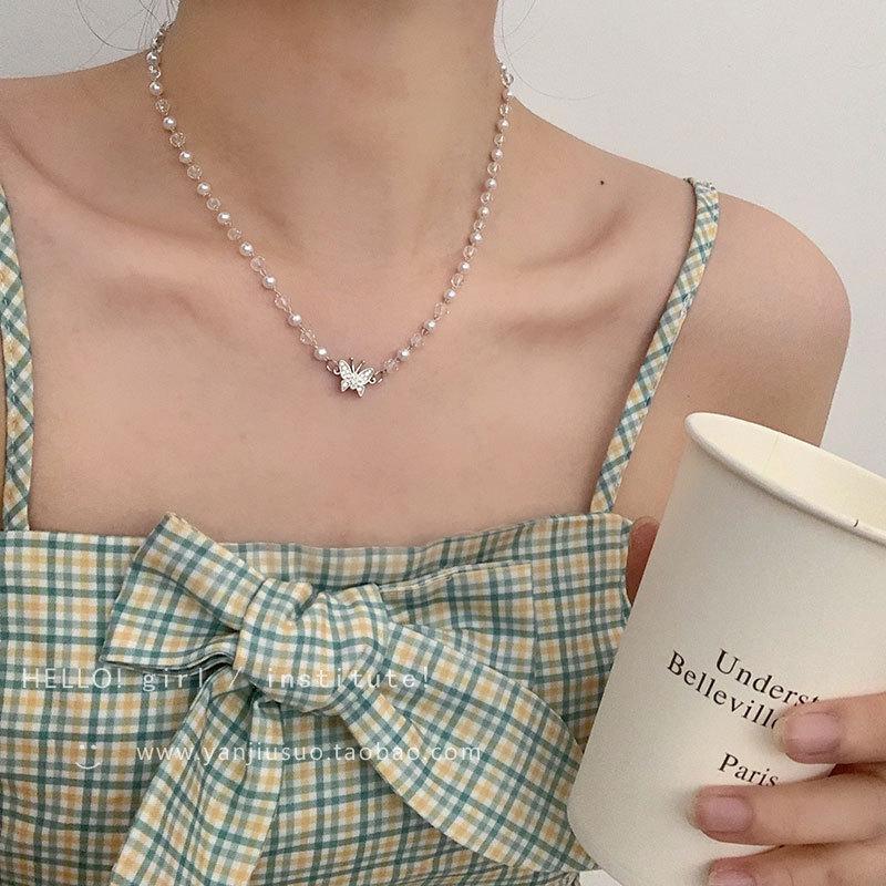New Crystal Pearl Butterfly Necklace Female Summer Niche Design Sense Simple Temperament Choker Collarbone Chain
