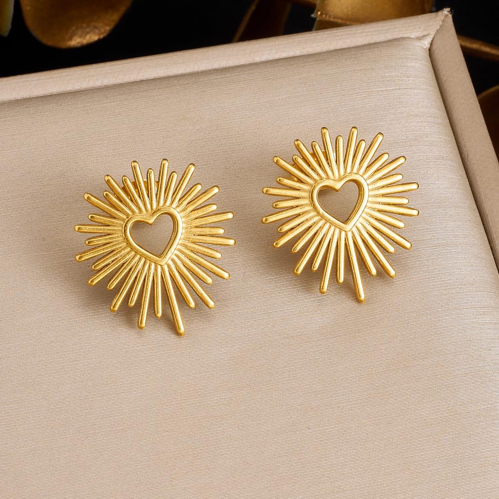 DIEYURO 316L Stainless Steel Sunny Spiked Golden Heart Stud Earrings for Women Vintage Sunburst Earrings Waterproof Jewelry Gift