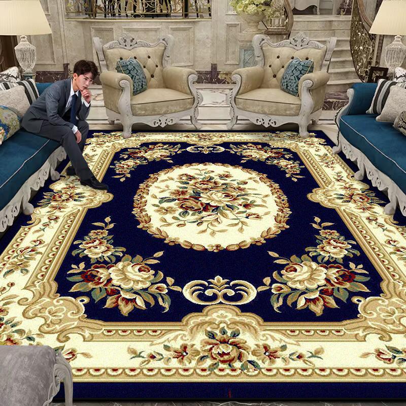 Luxury Large Living Room Rug Non-slip Flower Design Blue Sofa Table Mat Border Design Soft Lounge Rug Machine Washable Flannel