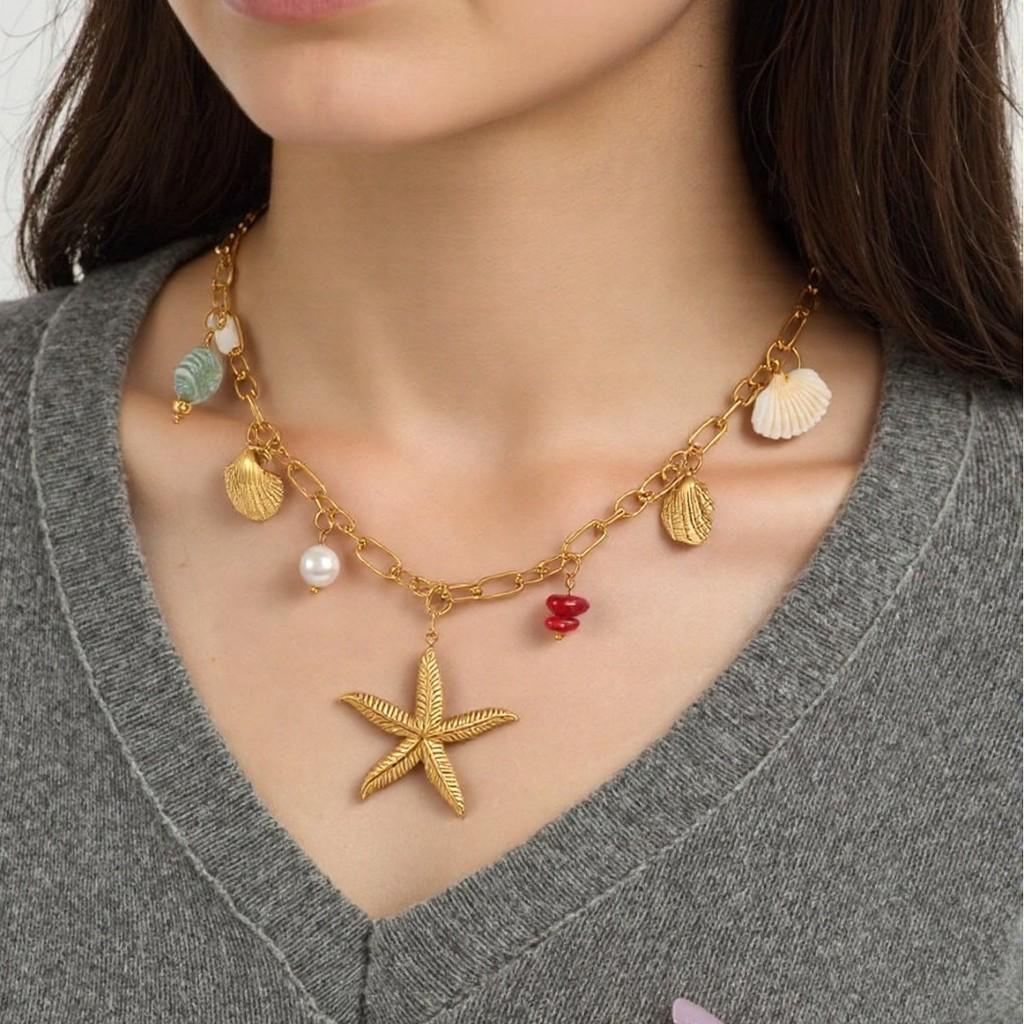 Ocean Style Starfish Shell Stainless Steel Necklace For Women With Geometric Design