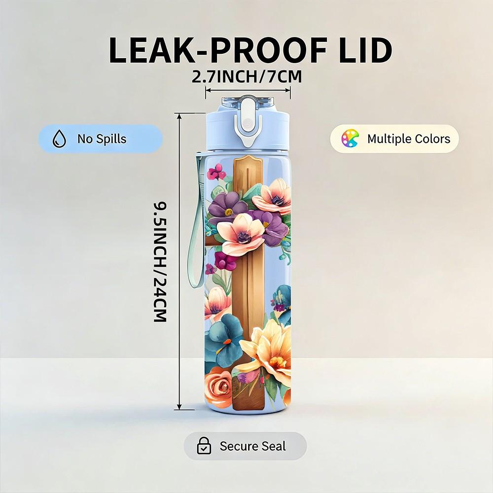 1PC Cross With Rose Wildflower Bouquet 750ml Color Plastic Sports Water Bottle Leakproof Flip Straw Lid Suitable for Sports Office Home Use