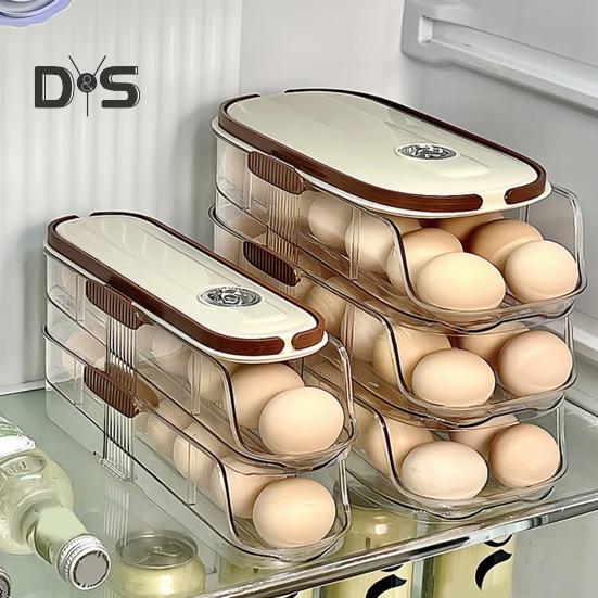 Automatic Rolling Egg Container Fridge Storage Box Food Grade BPA Free Transparent Stackable Fridge Organizer with Lid