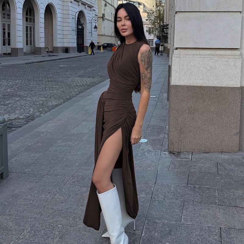 Women's summer new fashion personalized split pleated slim round neck sleeveless dress