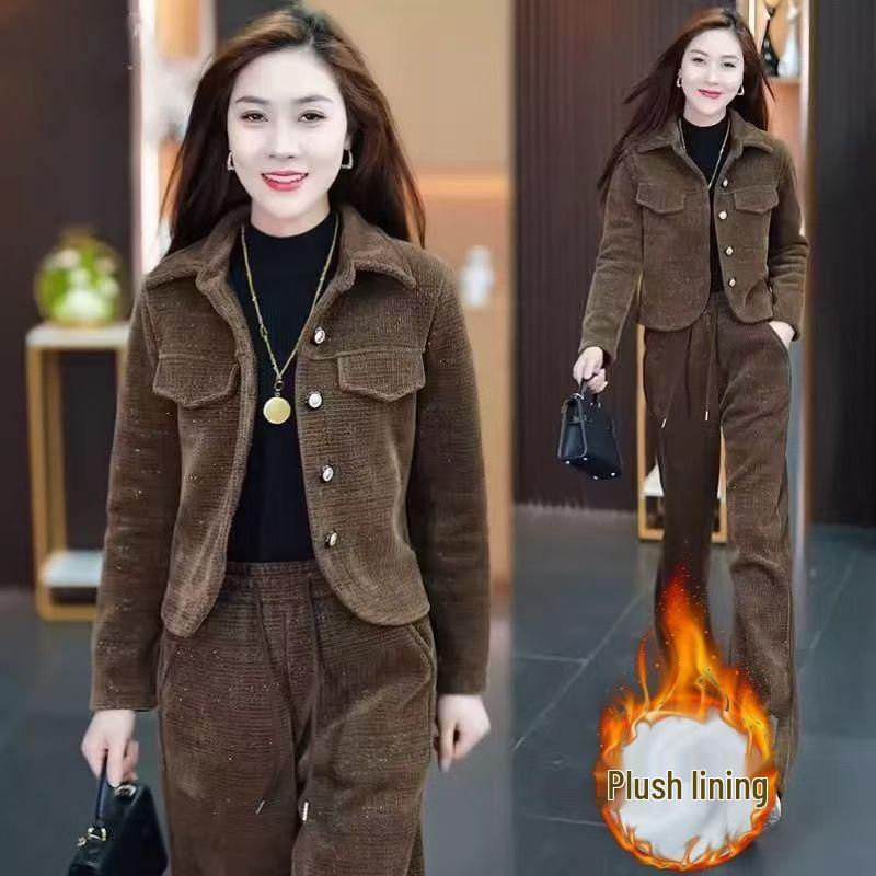Trendy Fleece-Lined Slim Fit Women's Two-Piece Set: Autumn/Winter 2025 Jacket & Pants