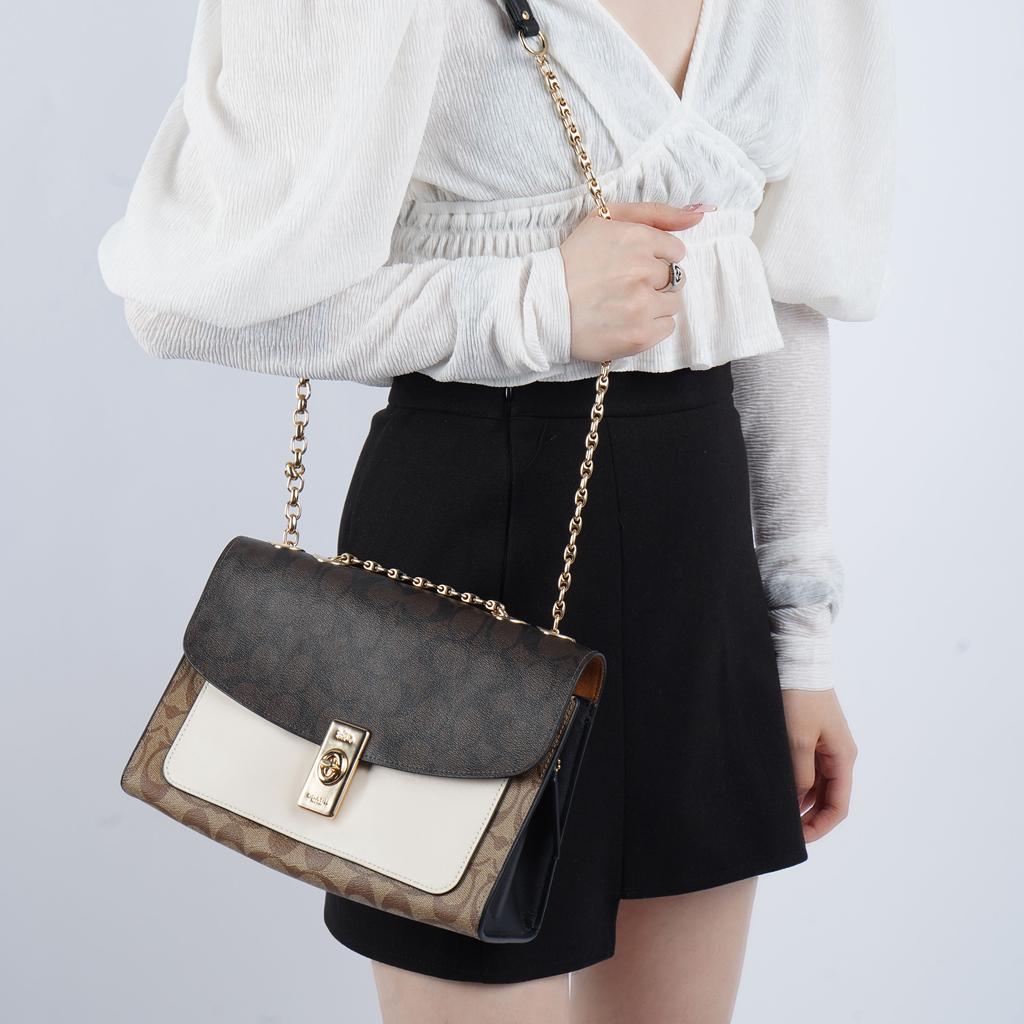 Coach Lane 26 Fashion Color Block Chain Crossbody Shoulder Bag Coated Canvas And Leather Medium Women handbags Brown White C1539-IMNOX