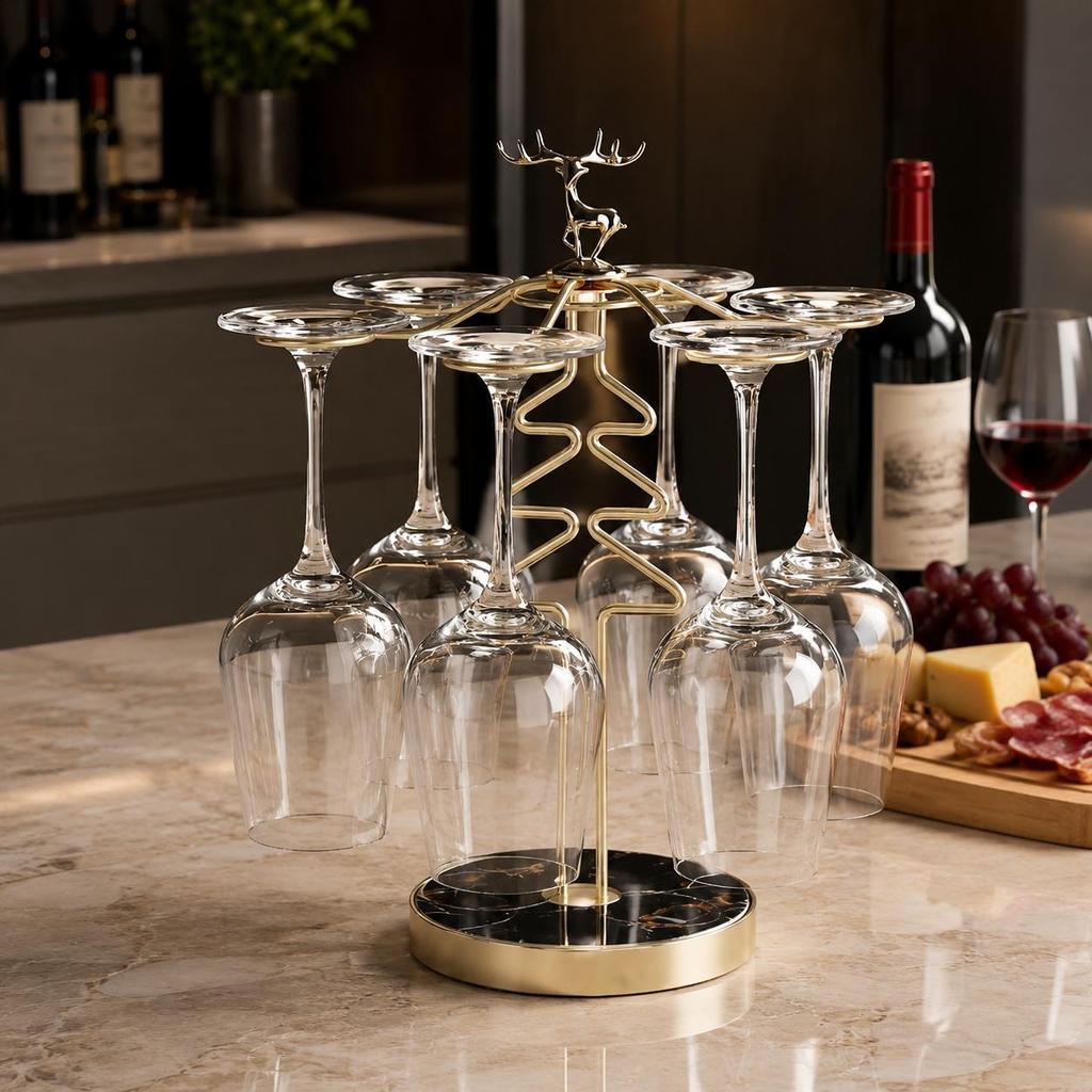 Wine Glass Holder, Metallic Countertop Stemware Rack for 6 Glasses, Home Bar Accessories
