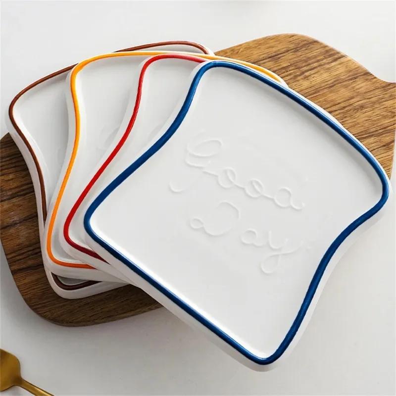 Creative Bread Shaped Ceramic Breakfast Plate Toast Dishes Salad Fruit Snack Tray Household Tableware Dinner