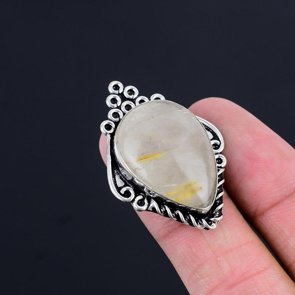 Natural Golden Rutile Gemstone Solitaire Yellow Ring Size 6.5 925 Silver