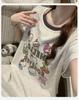 2026 Women's Grey Cartoon Summer Nightgown with Built-in Bra, Round Neck, Short Sleeve, Anti-Nipple, Thin Style for Outerwear and Home Wear.