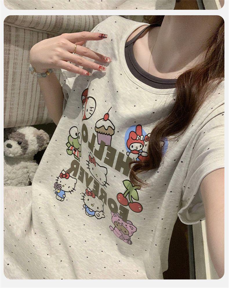 2026 Women's Grey Cartoon Summer Nightgown with Built-in Bra, Round Neck, Short Sleeve, Anti-Nipple, Thin Style for Outerwear and Home Wear.