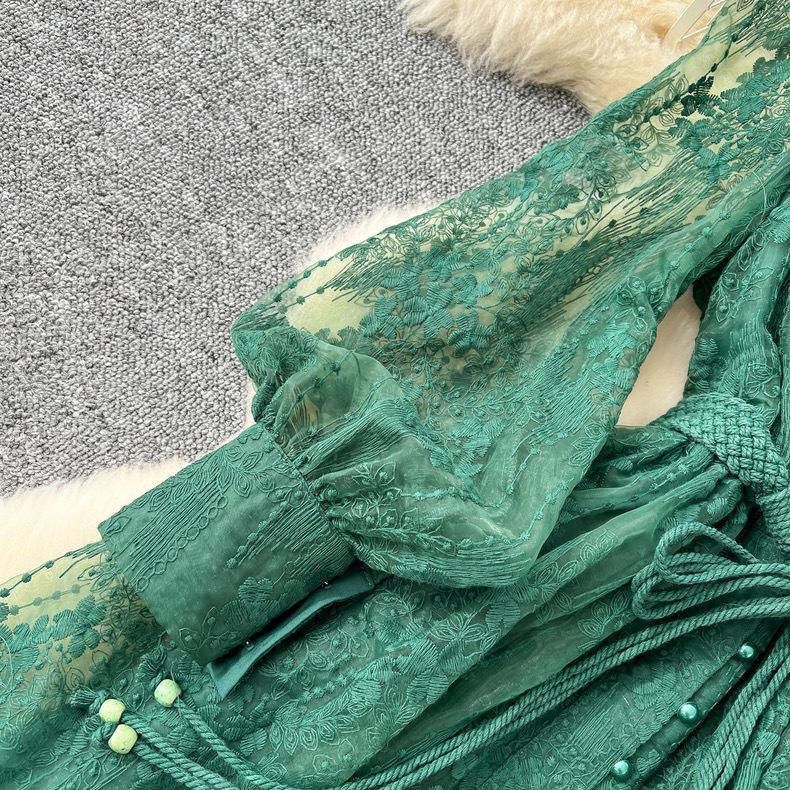 France Vintage Embroidery Formal Dresses Women Summer Autumn Lantern Long Sleeve Lace Pearl Prom Evening Birthday Party Dress