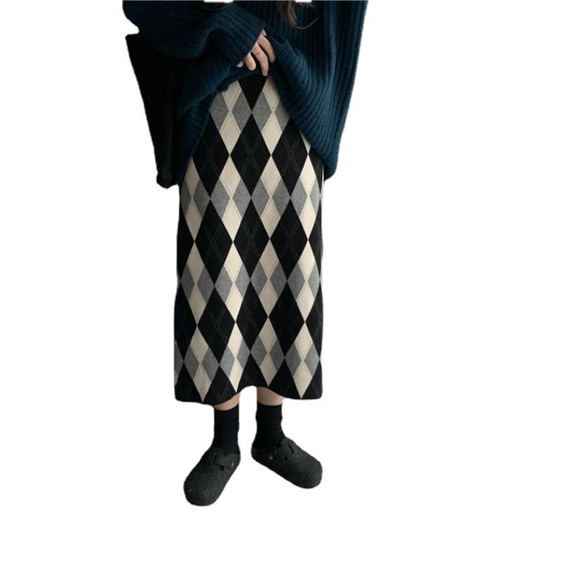 Diamond Grid Knitted Half Skirt for Women Autumn and Winter High Waisted Half Skirt for Winter