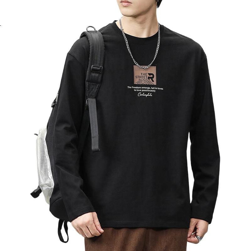 Jeanswest Men's Long Sleeve T-Shirt 2026 Spring Trendy American Style Printed Cotton Loose Casual Base Shirt Black XL