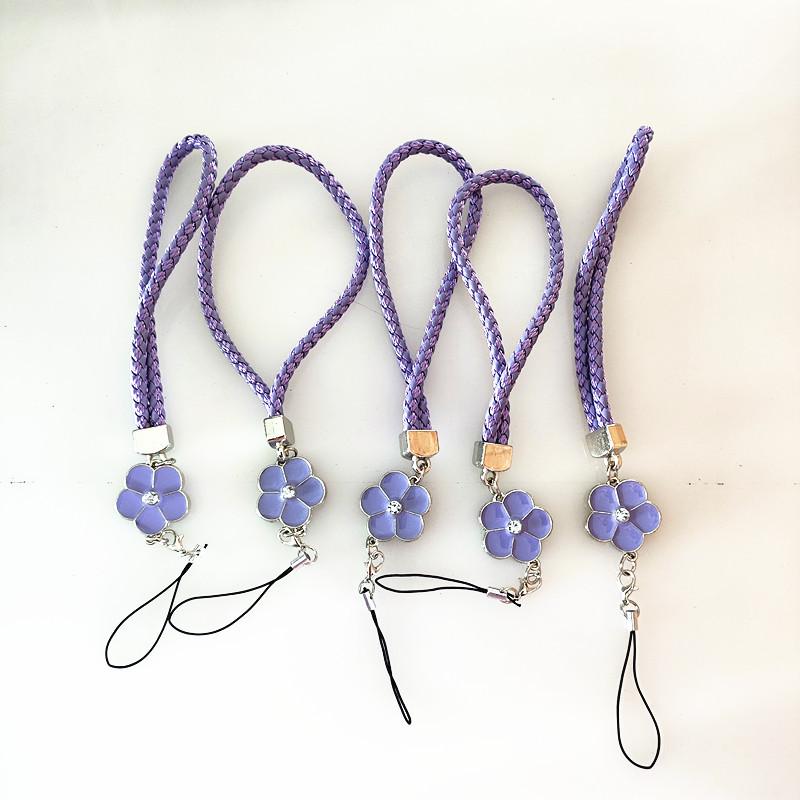 Camellia Four-Leaf Clover PU Leather Phone Wrist Lanyard with Nylon Woven Cord and Phone Case Pendant