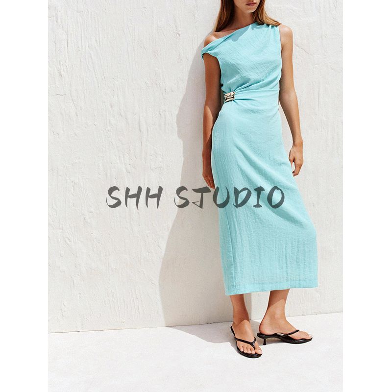 Summer New Product Women's Clothes Vacation Boat Collar Sleeveless Inlay Asymmetric Midi Skirt Length Dress 8037392