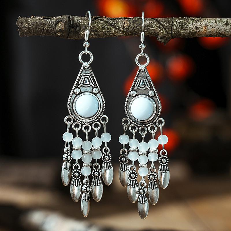 Vintage Ethnic Crystal Bead Water Drop Tassel Earrings for Women Elegant Handmade Silver Color Dangle Earring Female Jewelry
