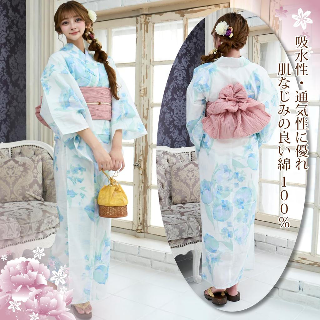 RAVIR Yukata White with a Refreshing Tulip Fluffy Obi and Geta One Size Fits All Women's 3-Piece Set, Design, Belt, Sandals, Blue,